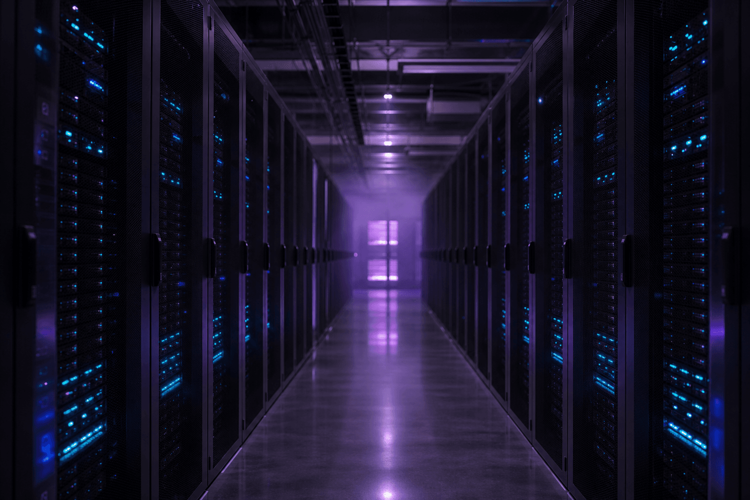 Modern data center server aisle representing managed DevOps and cloud infrastructure