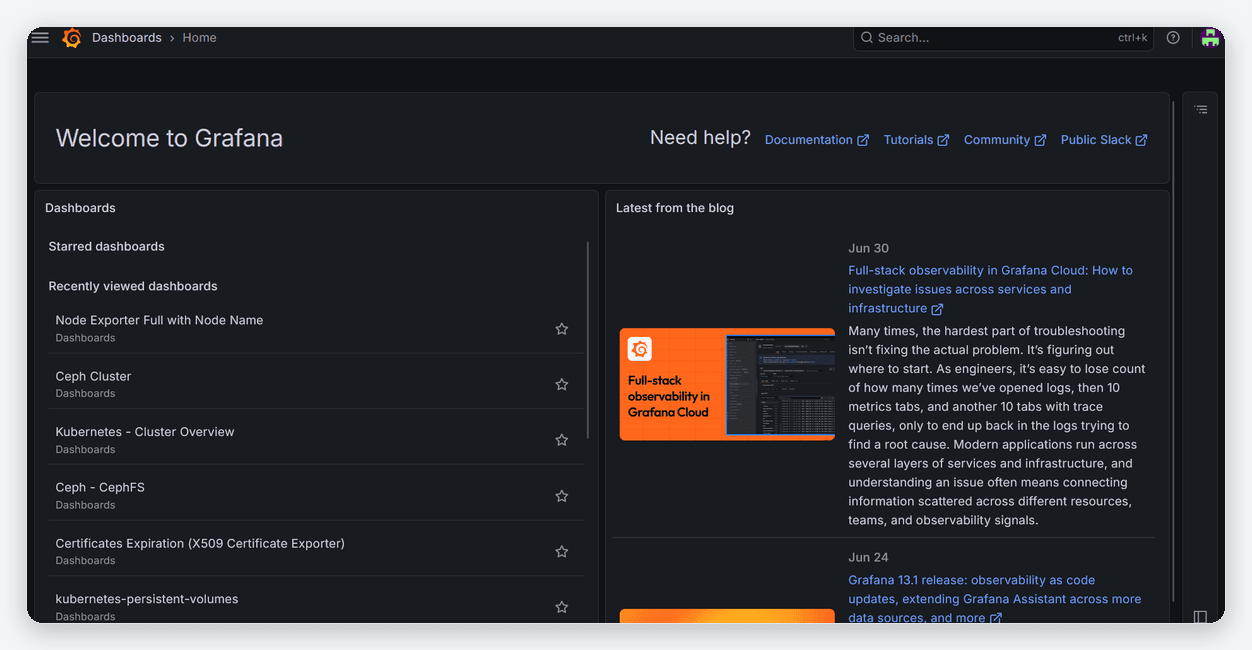 Monitoring web aplikacija — Grafana dashboardi (Kubernetes, Node Exporter, Ceph)