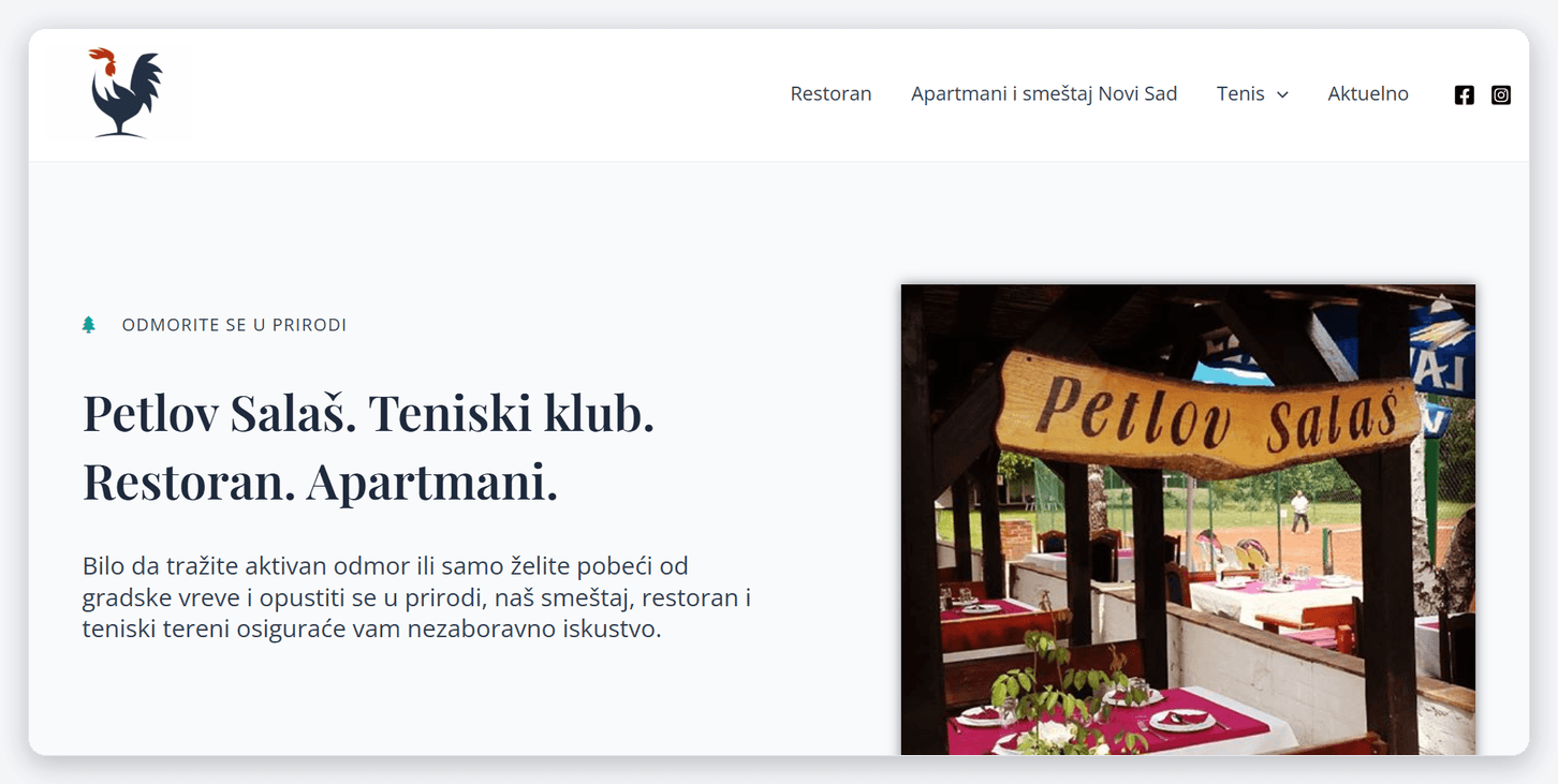 Izrada sajta petlovsalas.rs — teniski klub, restoran i apartmani u Novom Sadu
