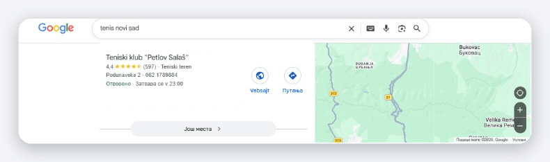 SEO optimizacija — prva pozicija za pretragu ‚tenis Novi Sad‘ (petlovsalas.rs) na Google mapama