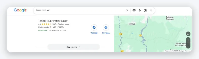 SEO optimizacija — prva pozicija za pretragu ‚tenis Novi Sad‘ (petlovsalas.rs) na Google mapama