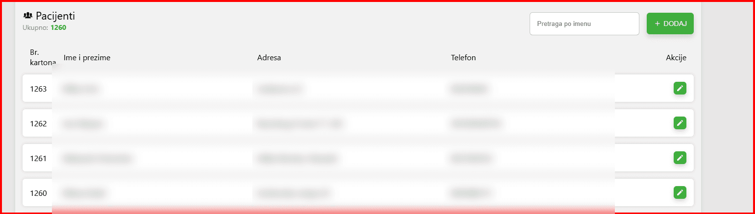Lista pacijenata i karton u softveru za stomatološku ordinaciju (podaci zamagljeni)
